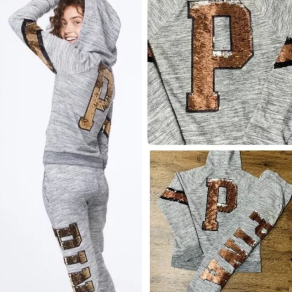 DO NOT BUY SOLD OUT NEW BLUNG VICTORIAS SECRET PINK HOODIE JOGGERS FLIP SEQUINS